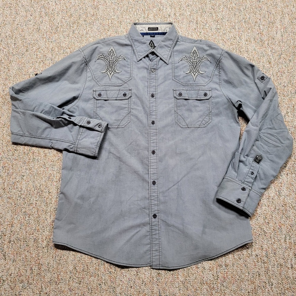 Roar Shirt Mens XL Grey Blue Fleur De Lis Y2K Biker Moto Button Up Long‎ Sleeve